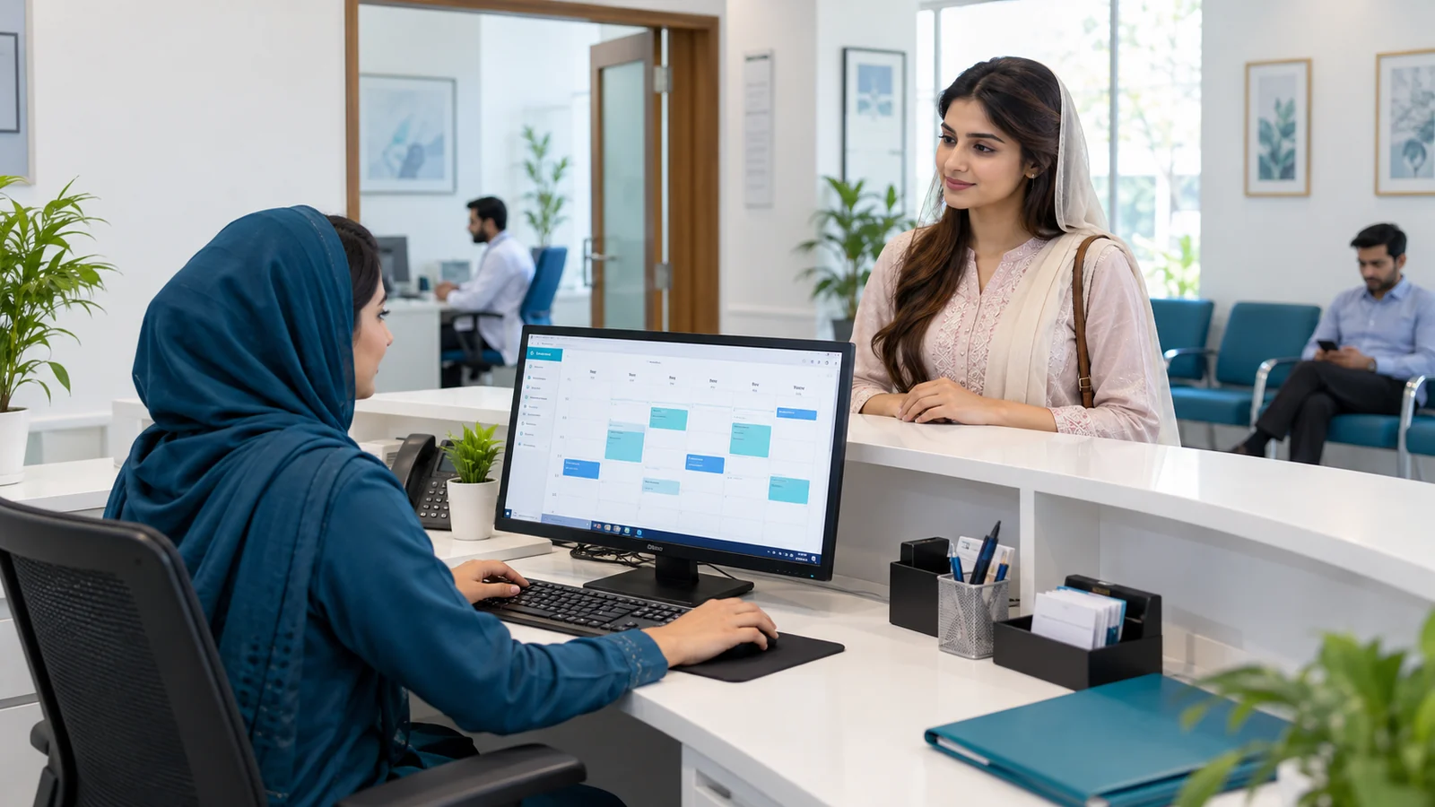 Illustration of a clinic receptionist coordinating doctor appointment slots
