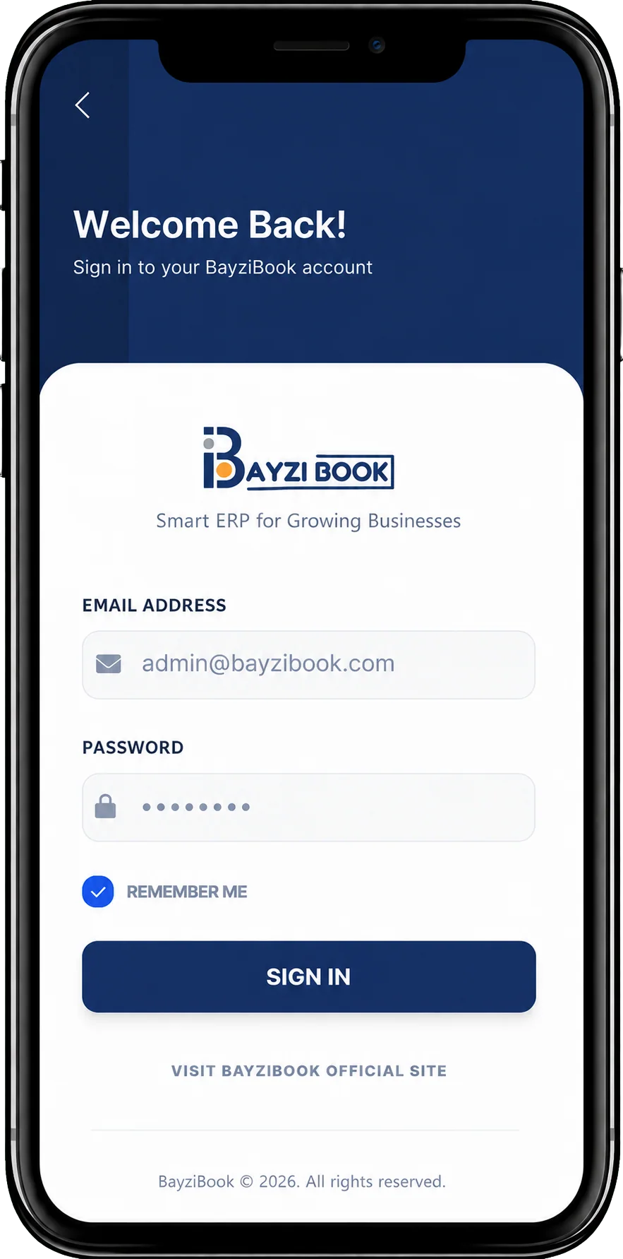 BayziBook mobile ERP login screen shown in a phone frame