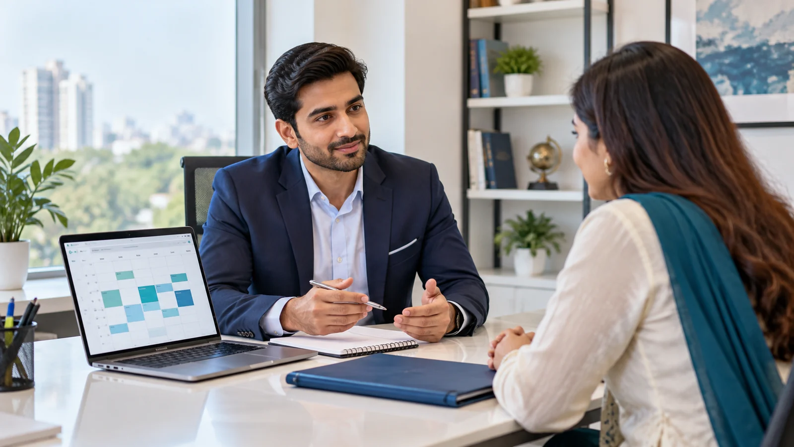 Illustration of a consultant arranging client appointments and follow-ups