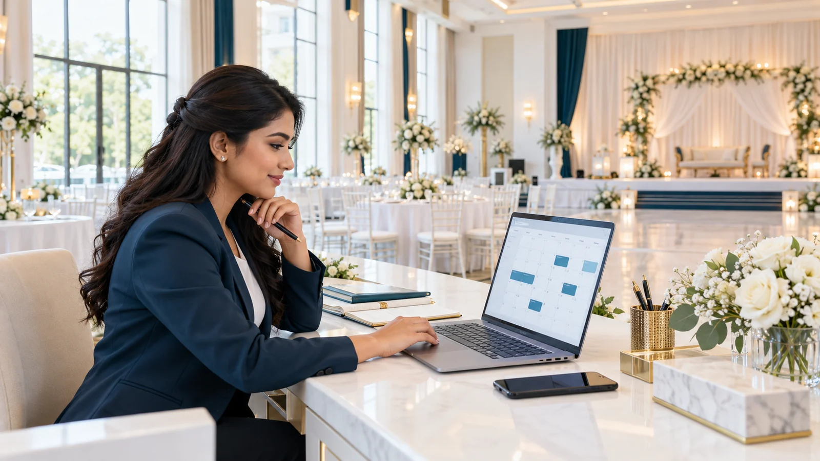 Illustration of a venue coordinator arranging wedding-hall and event reservations