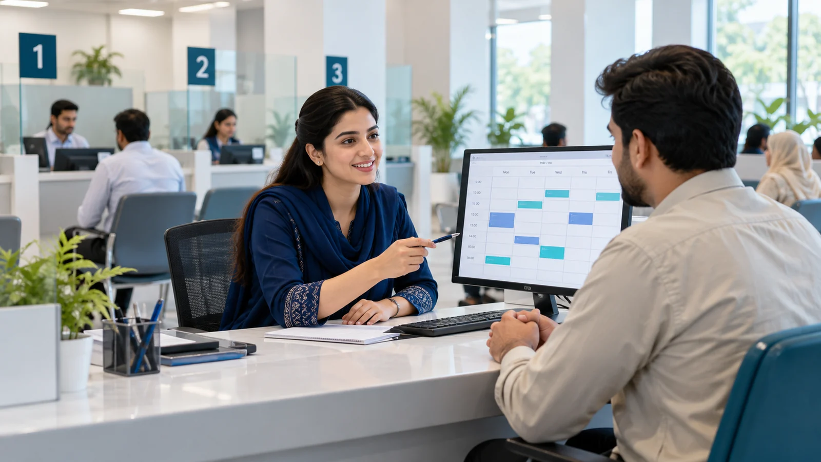 Illustration of a citizen-service officer arranging counter appointment slots