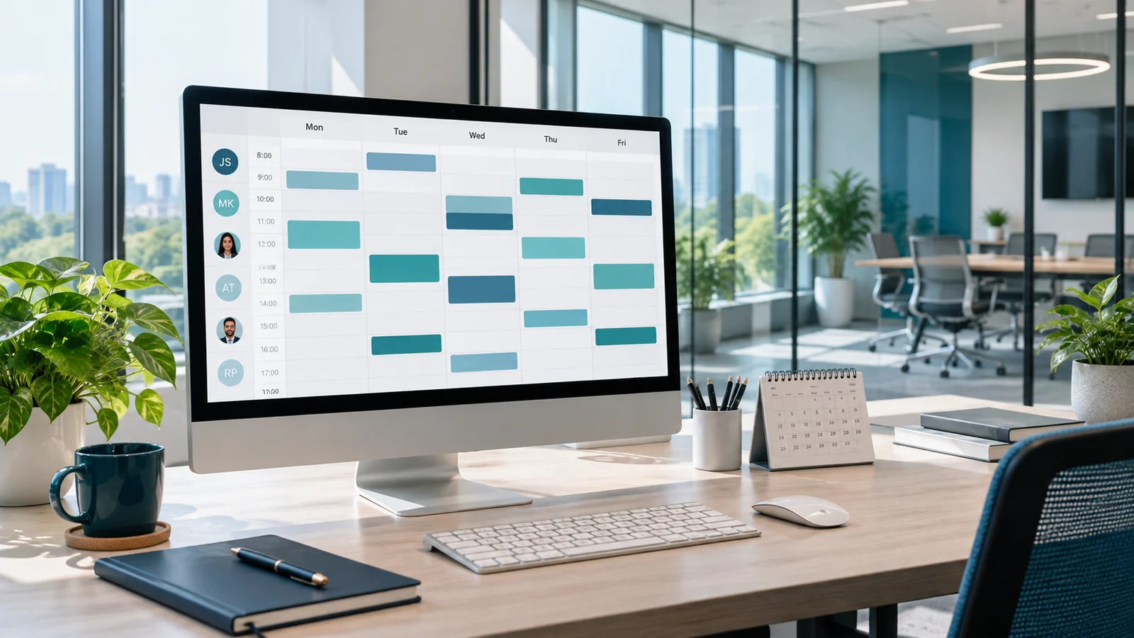 Illustration of a weekly team calendar and shared meeting-room scheduling